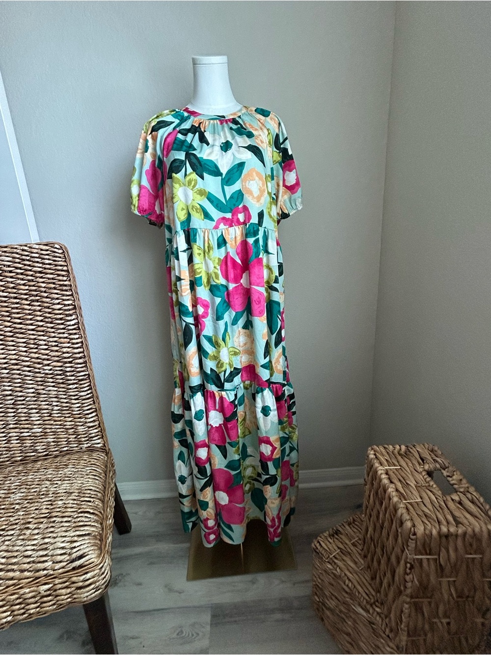 TCEC Floral Maxi Dress in Teal, Pink & Yellow
